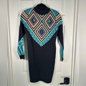 Yuka Geometric Long Sleeve Mock Neck Sweater Dress Black Size T2 Small Womens